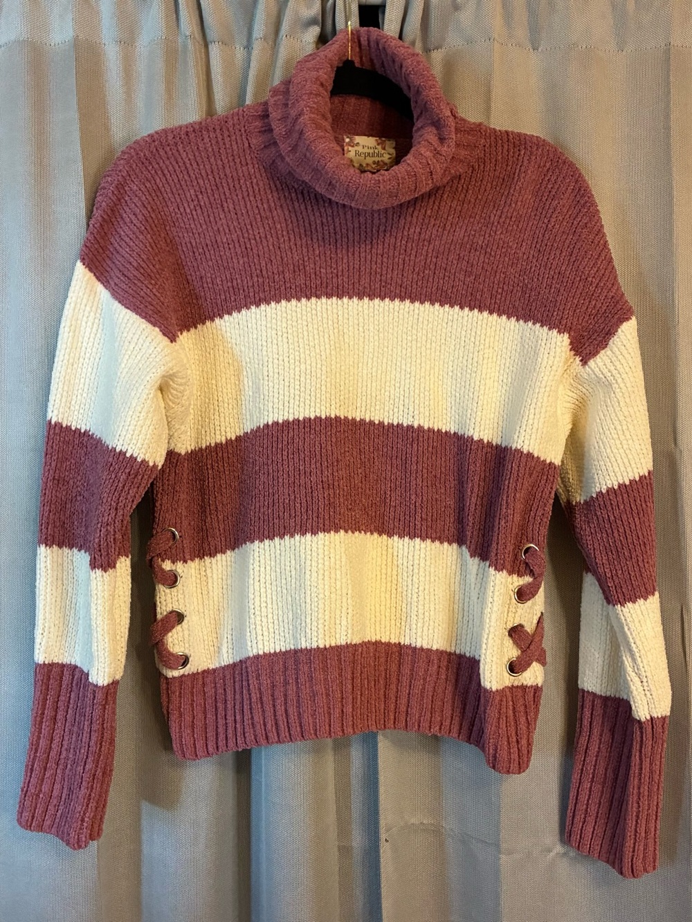Pink Republic Rose and Cream Striped Lace-Up Turtleneck Sweater
